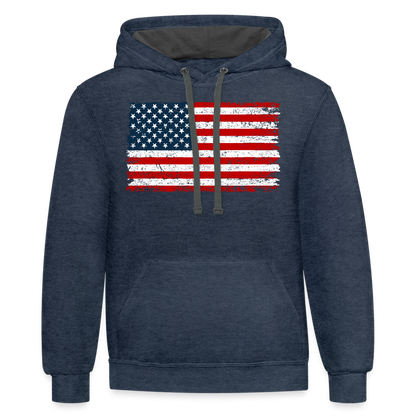 American Flag Distressed Contrast Hoodie - indigo heather/asphalt