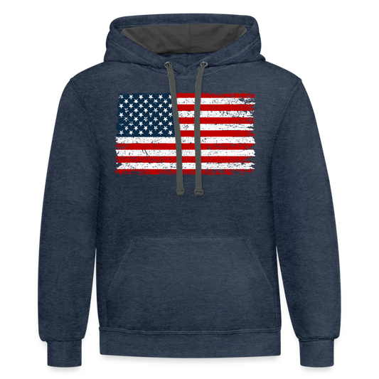 American Flag Distressed Contrast Hoodie - indigo heather/asphalt