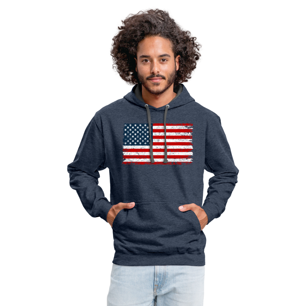 American Flag Distressed Contrast Hoodie - indigo heather/asphalt