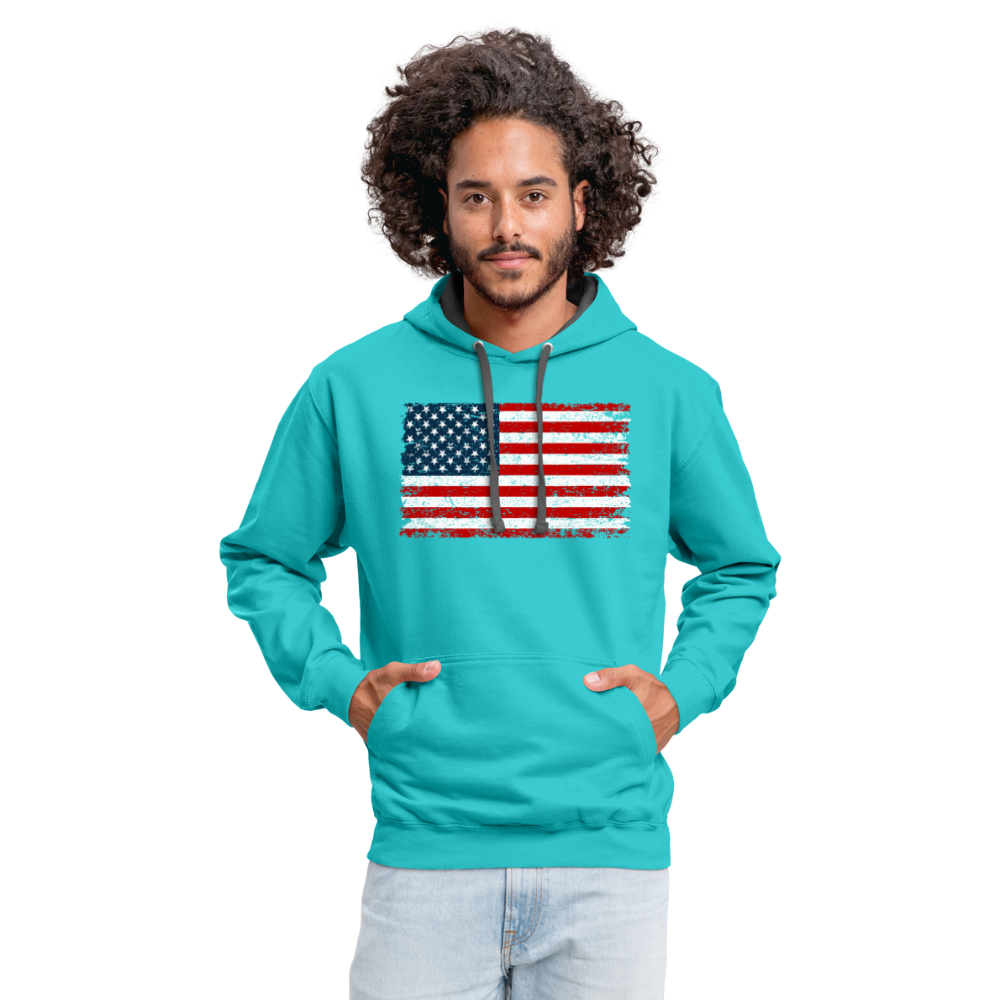 American Flag Distressed Contrast Hoodie - scuba blue/asphalt