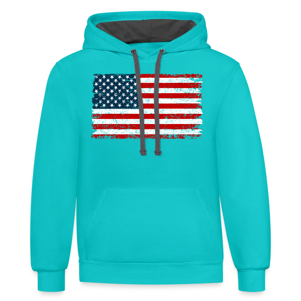 American Flag Distressed Contrast Hoodie - scuba blue/asphalt