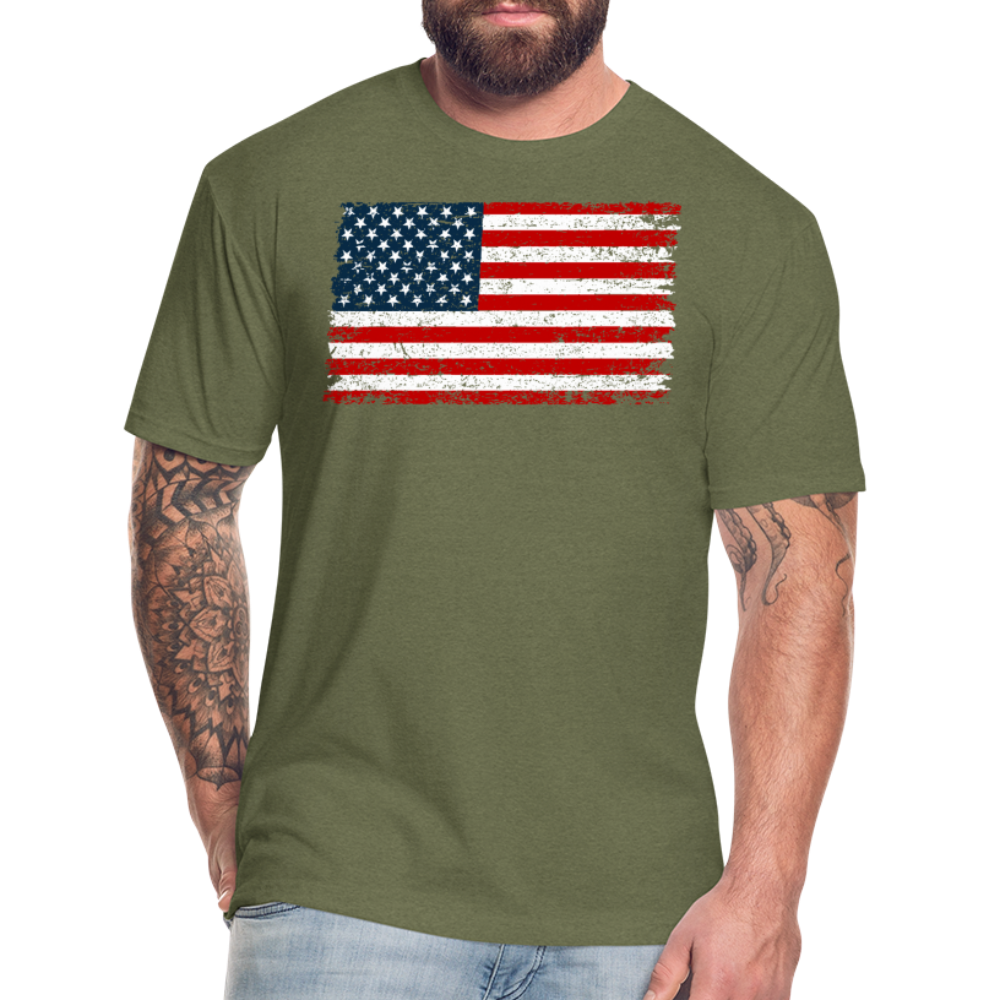 American Flag Distressed Cotton/Poly T-Shirt by Next Level - heather military green